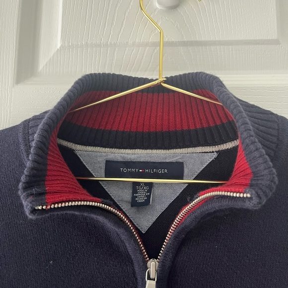 TOMMY HILFIGER | xl | Long Sleeve Quarter Zip-Up Knit Sweater | Navy Blue - Picture 1 of 9